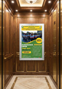 People viewing lift media advertising inside a residential elevator in Gurgaon.