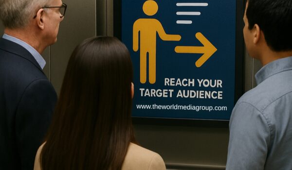 People viewing an advertisement inside a lift.